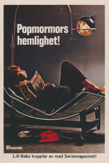 Reklam för serietidningen Seriemagasinet där Lill-Babs sitter och läser Seriemagasinet