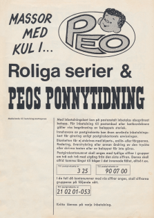 Reklam för Peos Ponnytidning där det finns en liten illustration av figuren Peo, men mest textinformatation om hur man prenumererar på tidningen