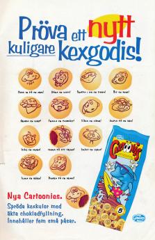 Reklam för kexen Cartoonies där bilden visar upp förpackningen samt ett tjog av de olika kexens utseenden