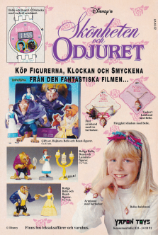 Reklam för en massa prylar med Skönheten & Odjuret på, smycken, klocka, leksaker