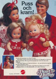 Närbild på fyra dockor. Annons för The Heart Family från Mattel.