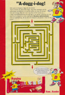 Reklam för Marabou Milkini chokladgodis där de lyfter fram att deras varor innehåller pyssel och detta visas i reklamen med ett labyrintpyssel