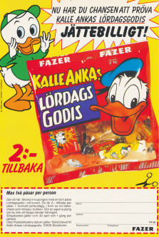 Reklam för lördagsgodis med Kalle Anka som avsändare