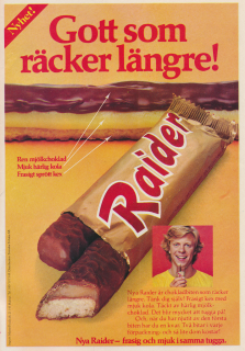 Annons för Raider där en närbild på chokladbiten och ett foto på en kille som äter den visar upp produkten