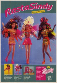 Annons för dockan Sindy med sina två vänner, samtliga med rasta-frisyrer