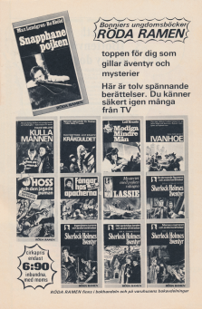 Annons för bokserien Röda Ramen, äventyrsböcker från Bonniers med bland andra Sherlock Holmes, Kullamannen & Lassie