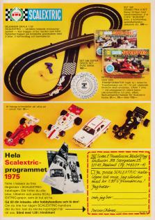 Reklam för en bilbana från Scalextric där bilder på banan samt olika racingbilar visas upp
