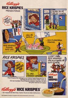 Reklam i serieformat där frukostflingemaskotarna Snap, Crackle och Pop muntrar upp Sussi med lite frukostflingor