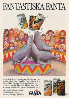 Tecknad annons för Fanta med tre sälar på en cirkus som jonglerar tre smaker av Fanta