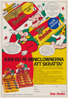 Reklam för Marabou minichokladkakor med en tävling om att skicka in roliga historier för att vinna