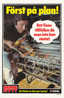 Annons för tidningen Serienytt där skådespelaren Rolv Wesenlund håller upp ett gäng tidningar