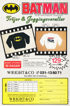 Reklam för kläder med Batman-loggan på, från Wright & Co