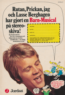 Reklam för tandkräm från Jordan där Lasse Berghagen har skrivit sånger om Rutan och Prickan