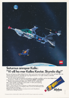 Kombinerad reklam för LEGO och Kalles Kaviar där barnen på Saturnus vill ha mer Kalles Kaviar