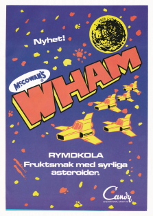 Reklam för godisbiten Wham från McCowan's. Annonsen består av en illustration med fyra rymdskepp på väg genom rymden