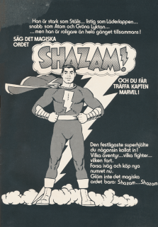 Reklam för serietidningen Shazam! där figuren Shazam står i en manlig pose mitt på i annonsen