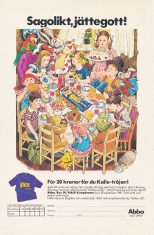 En bild av ett gäng undgomar, hämtade från sagovärlden, som sitter runt ett bord som dignar av kakor och mackor