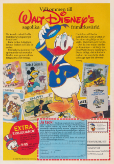 Reklam för en frimärksklubb som skickar ut paket med Walt Disney-frimärken per abonnemang.