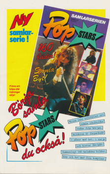 Reklam för samlarserien Pop Stars där man går se albumet med foton av popstjärnor som Joey Tempest, Prince, Bruce Springsteen och Madonna