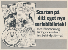 Annons för serien Seriepocket, serier i pocketform med en maskot i form av en bäver