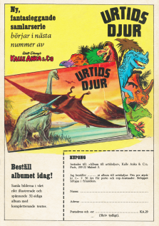 Reklam för samlaralbumet Urtidsdjur som man kan beställa från Kalle Anka och C:o