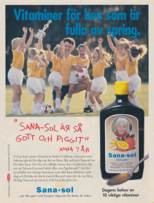 Reklam för vitamintillskottet Sana-sol som visar ett dussin barn som har vunnit en fotbollstrofé