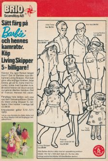 Reklam för dockan Barbie och hennes kamrater där du kan färglägga en bild av dem och få rabatt när du köper dockan Living Skipper