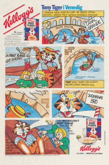 Reklam i serieformat där Tony Tiger ror en gondol i Venedig men slår huvudet i Suckarnas Bro