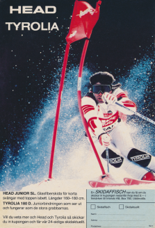 Fartfylld reklam för Tyrolia skidor med en skidåkare i backen som susar fram så snön yr