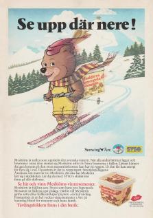 Reklam för messmör med maskoten Mesbjörn på skidor som susar nerför en snöklädd backe