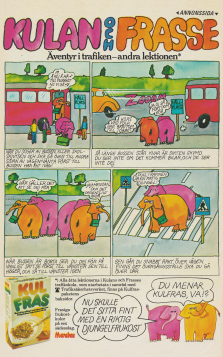 Annons för frukostflingesorten Kulfras med en tecknad serie med två elefanter