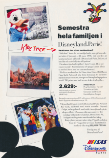 Reklam för flygbolaget SAS som kan flyga er till Paris och Disneyland där