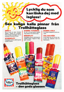 Reklam från Trollhätteglass som visar upp sex stycken olika isglassar från sortimentet