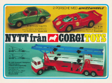 Reklam för leksaksbilar från Corgi Toys med bl.a. en grön Porsche på bild