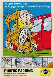 Reklam för Plastic Padding med en illustration av en lådbil som är på väg att krascha mot en bil där annonsen uppmanar att det är lätt att fixa skador med Plastic Padding