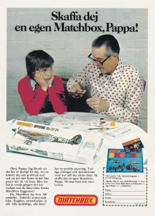 Reklam för byggsatser från Matchbox, med en pappa och en son som sitter vid ett bord