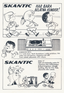 Reklam för TV och stereo från Skantic där Peo och hans vänner står för reklamen.