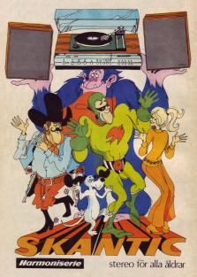 Illustration av fyra udda figurer (cowboy, superhjälte, tjej, gorilla) samt en hund som lyfter upp stereo av märket Skantic
