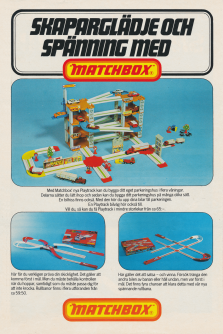 Reklam för Matchbox som visar upp ett stort parkeringshus med deras leksaksbilar