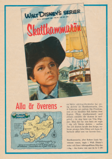 Annons för serietidningen Walt Disneys Serier. Omslaget, hämtad från nummer 6 år 1963, pryds av en bild från filmen Skattkammarön.