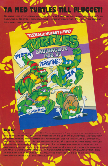 Reklam för en skoldagbok med illustrationer och innehåll från Teenage Mutant Hero Turtles