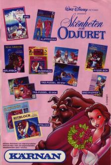 Reklam för målar- och pysselböcker med Walt Disneys Skönheten och Odjuret som motiv