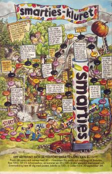 Annons för brädspelet Smarties, målat av Sven Nordqvist, som man kan få genom att skicka in 40 kronor i frimärken