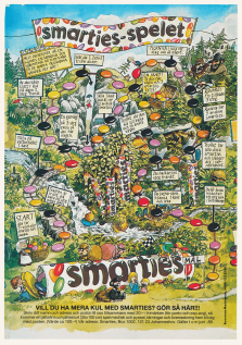 Reklam för en brädspel baserat på godiset Smarties, illustrerad av Sven Nordqvist