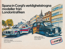 Målad illustration av en leksakspolisbil och en leksakstaxibil från företaget Corgi