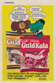 Reklam för Cloettas godispåsar Guldkola med barnteveprogramfigurerna Drutten & Gena som gör reklam för godiset