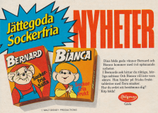 Reklam för sockerfritt godis från Ahlgrens; två tablettaskar pryds av de disneytecknade mössen Bernard & Bianca