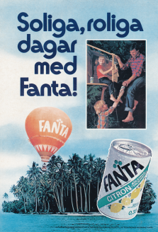 Reklam för Fanta Citron med en bakgrundsbild på en söderhavsö och en luftballong med texten Fanta