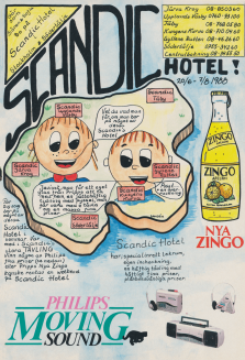 Handritad reklam för Scandic Hotels med kopplingar till Zingo och Philips Moving Sound
