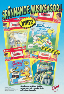 Reklam för fyra musiksagor från Select: Katten Gustaf, Teenage Mutant Ninja Turtles, Tiny Toons och I trollens värld